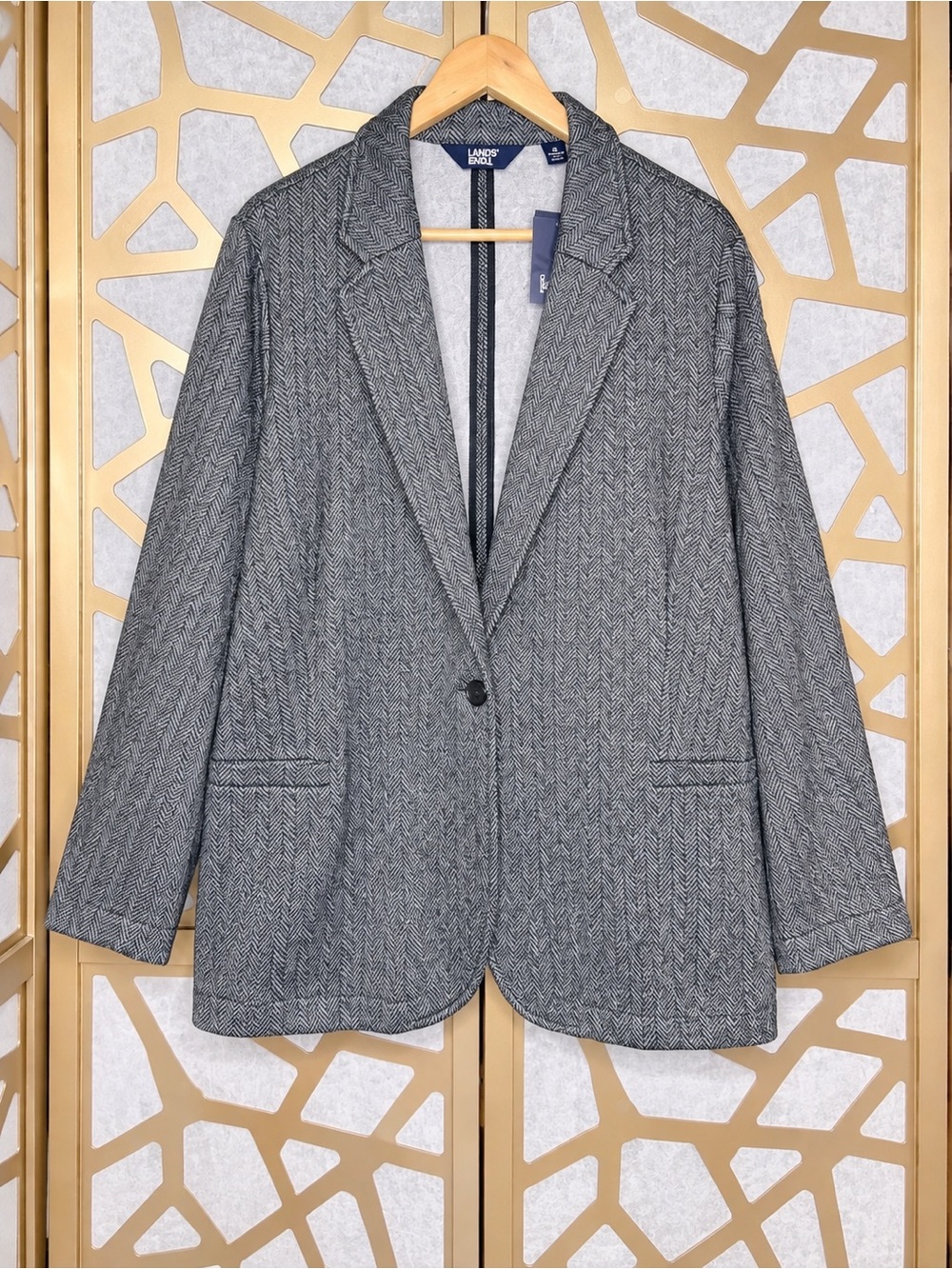 Lands' End Gray White Herringbone Single Button 3X Fleece Lining Blazer Jacket